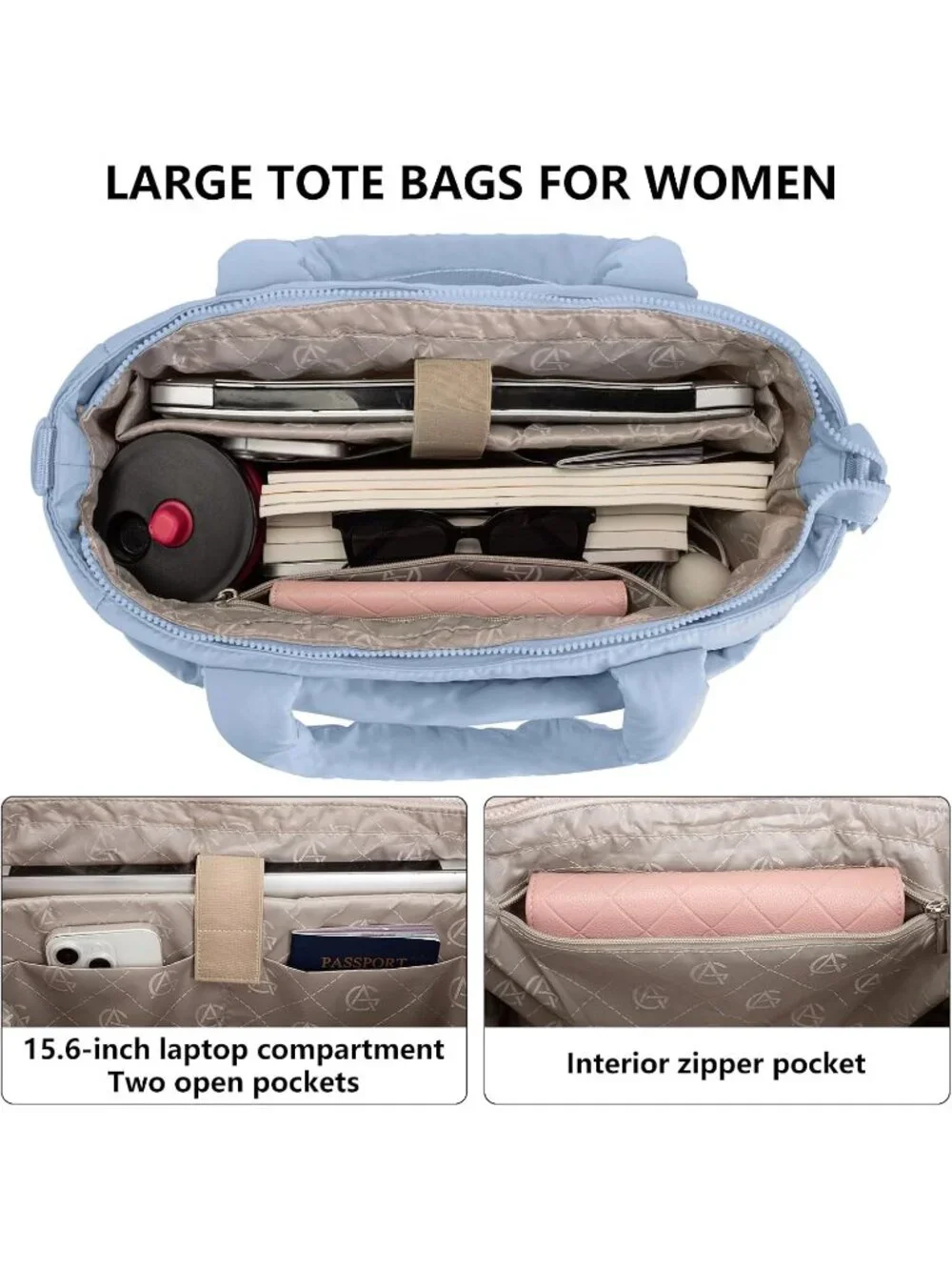 👜Women's Ice Blue Quilted Puffer Tote Bag Lightweight Work For Travel Handbags